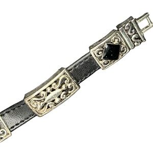 Filigree‎ Panel Leather Bracelet Black Silver Tone Western Ornate 6.75